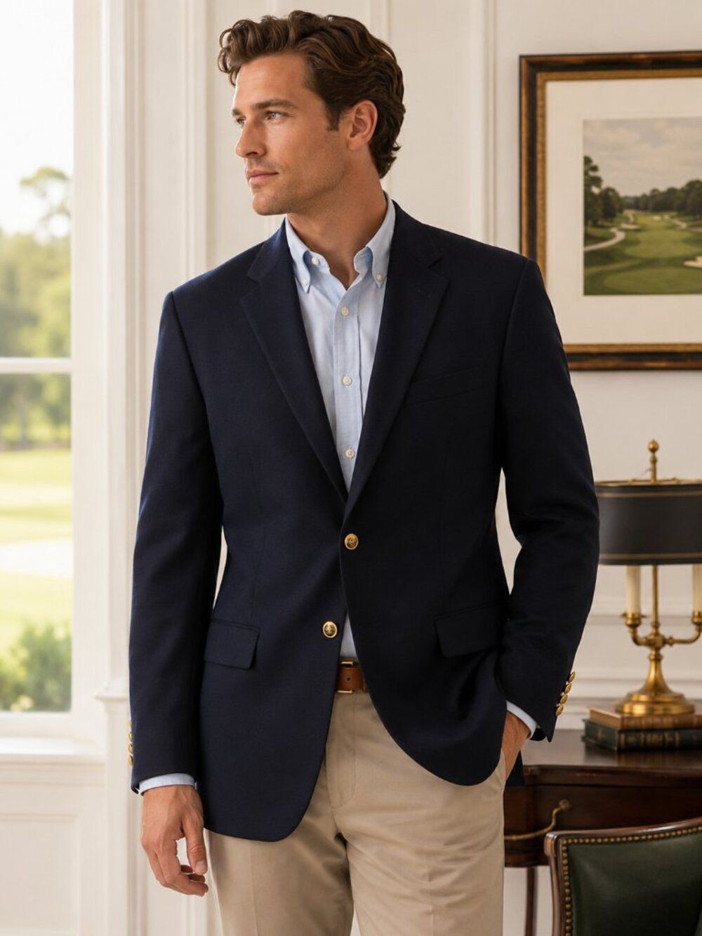 Ralph Lauren Sport Coat Blazer Navy Blue Gold Buttons Wool Preppy Classic 46R